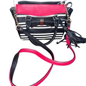 NWT Betsey Johnson Black White Pink Satchel Crossbody Handbag Black Gold Accents